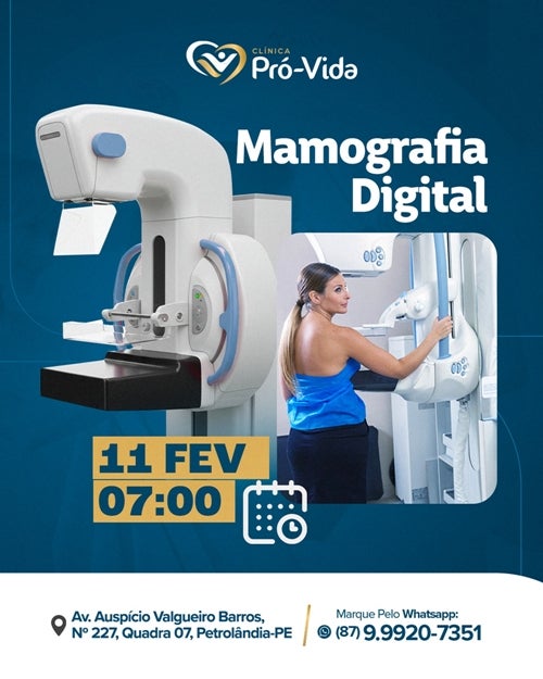Clínica Pró-Vida realiza exames de mamografia digital no dia 11 de fevereiro em Petrolândia Clínica Pró-Vida realiza exames de mamografia digital no dia 11 de fevereiro em Petrolândia