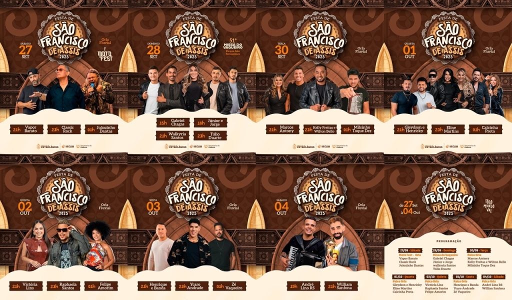 Prefeitura de Petrolândia divulga programação oficial da Festa do Padroeiro São Francisco de Assis 2025