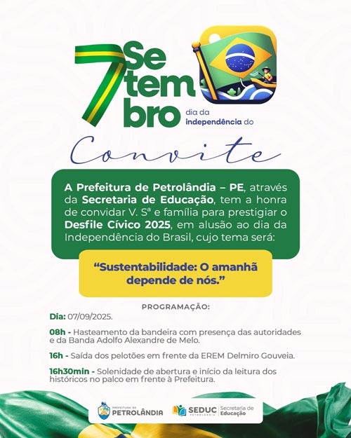 Prefeitura de Petrolândia convida população para Desfile Cívico de 7 de Setembro