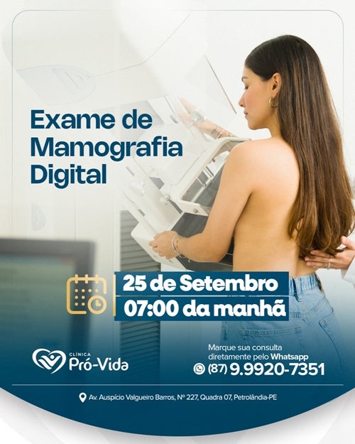 Clínica Pró-Vida Realiza Exame de Mamografia no Dia 19 de Novembro a partir das 7h em Petrolândia