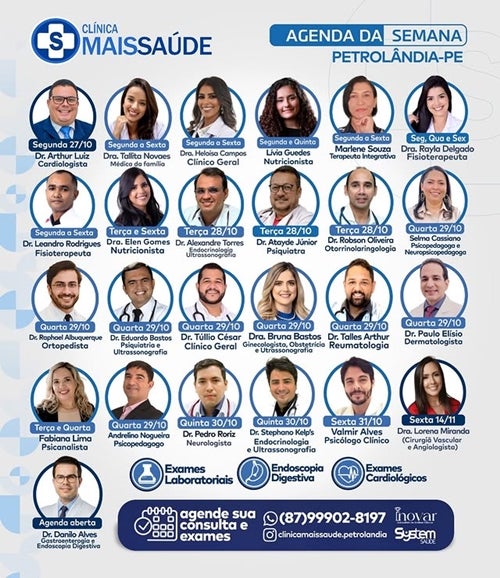 Clínica Mais Saúde divulga agenda médica da semana em Petrolândia-PE; confira os atendimentos