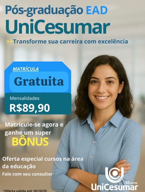 UniCesumar oferece pós-graduação EAD com matrícula gratuita e mensalidades a partir de R$ 89,90 em Petrolândia-PE UniCesumar oferece pós-graduação EAD com matrícula gratuita e mensalidades a partir de R$ 89,90 em Petrolândia-PE