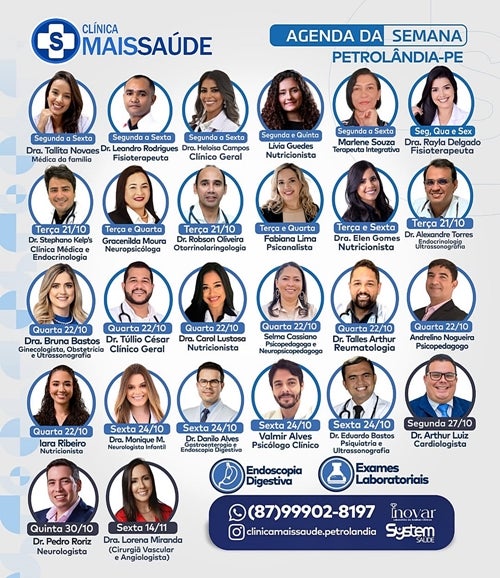 Clínica Mais Saúde divulga agenda médica da semana em Petrolândia com atendimentos em diversas especialidades