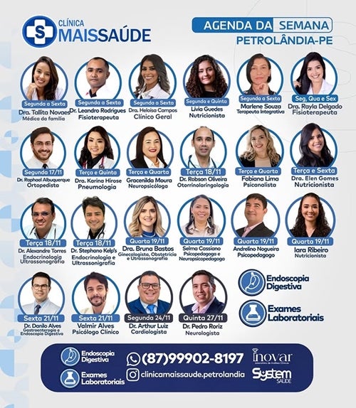 Clínica Mais Saúde divulga agenda semanal com atendimentos médicos e multiprofissionais em Petrolândia Clínica Mais Saúde divulga agenda semanal com atendimentos médicos e multiprofissionais em Petrolândia