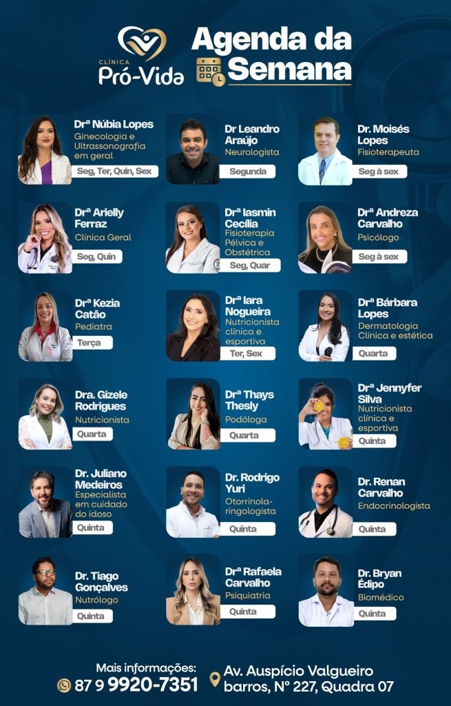 Clínica Pró-Vida divulga agenda semanal com equipe completa de especialistas em Petrolândia
