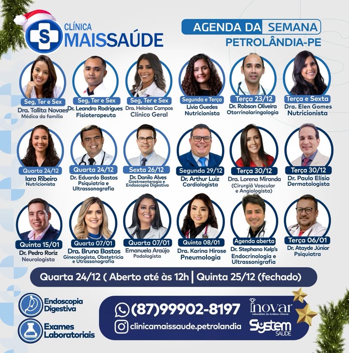 Clínica Mais Saúde divulga agenda semanal com especialidades em Petrolândia
