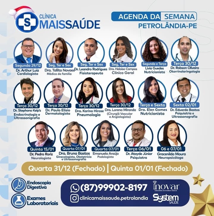 Clínica Mais Saúde divulga agenda médica de 29 de dezembro a 15 de janeiro em Petrolândia