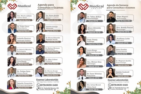 Clínica Medical Center divulga agenda semanal com diversas especialidades em Petrolândia
