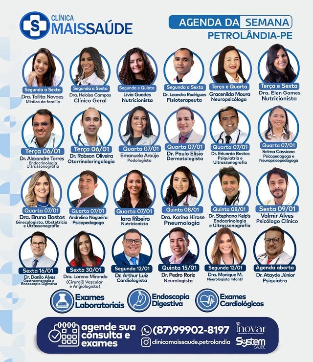 Clínica Mais Saúde divulga agenda semanal com diversos especialistas em Petrolândia
