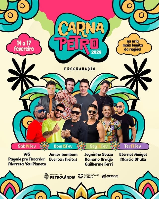 Prefeitura de Petrolândia divulga programação oficial do CARNA PETRO 2026 na orla da cidade