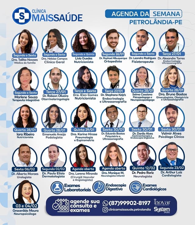 Clínica Mais Saúde divulga agenda semanal com ampla oferta de especialistas em Petrolândia