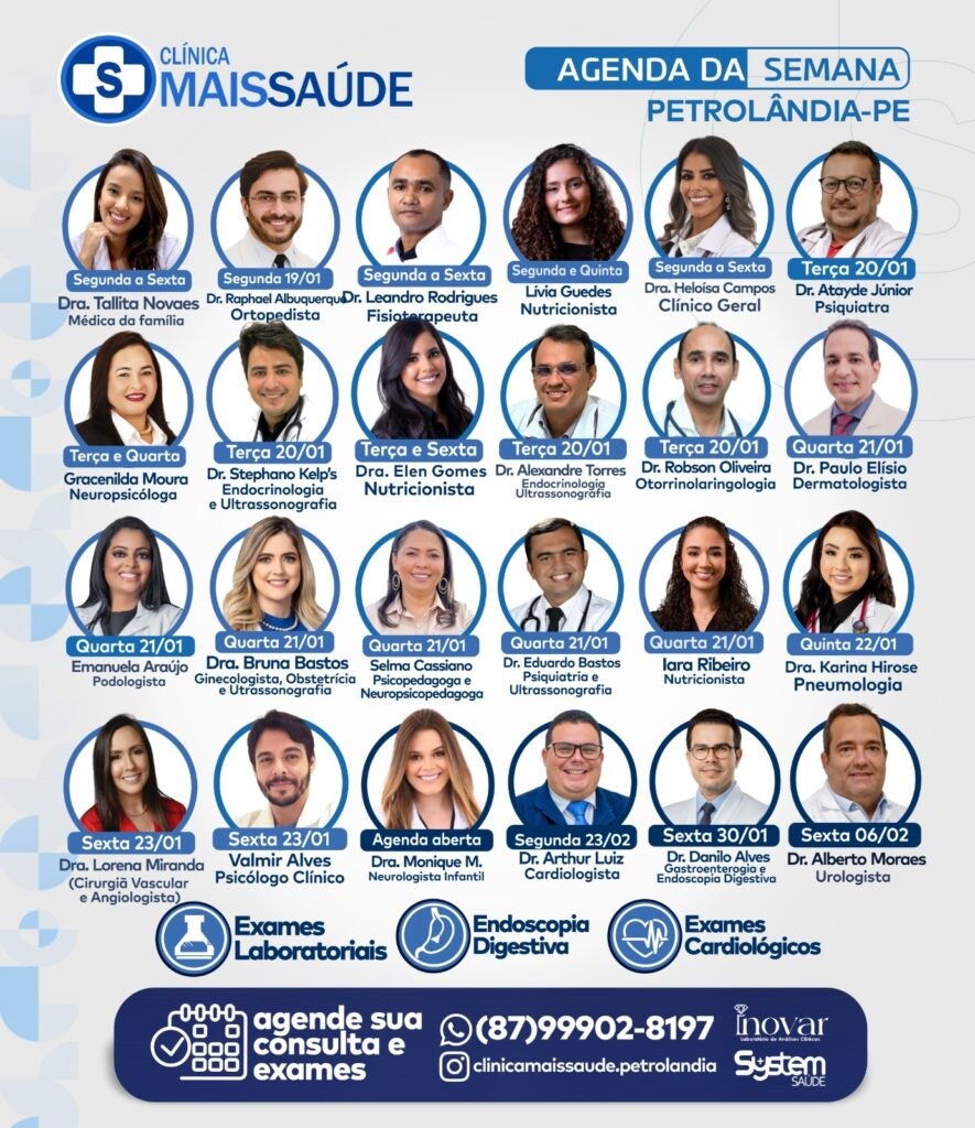 Clínica Mais Saúde divulga agenda da semana com ampla oferta de especialistas em Petrolândia
