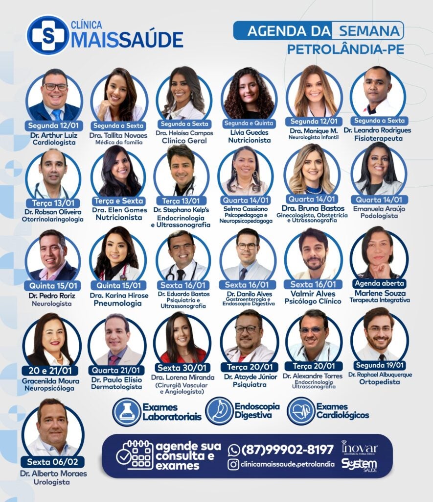 Clínica Mais Saúde divulga agenda semanal com diversas especialidades médicas em Petrolândia-PE