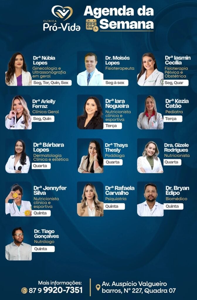 Clínica Pró-Vida divulga agenda semanal com equipe multidisciplinar em Petrolândia