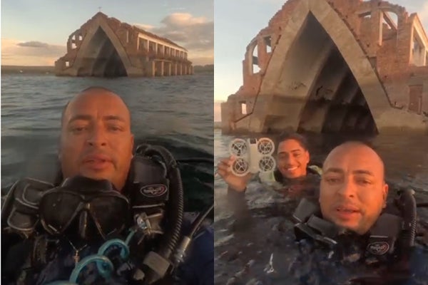Mergulhador Samyr Oliveira encontra drone desaparecido nas águas da igreja semi-submersa de Petrolândia