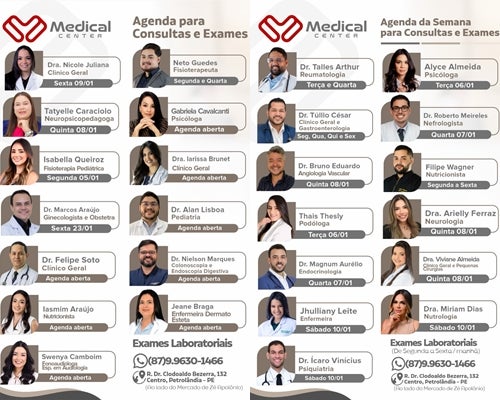 Clínica Medical Center de Petrolândia divulga agenda completa de consultas, exames e atendimentos especializados