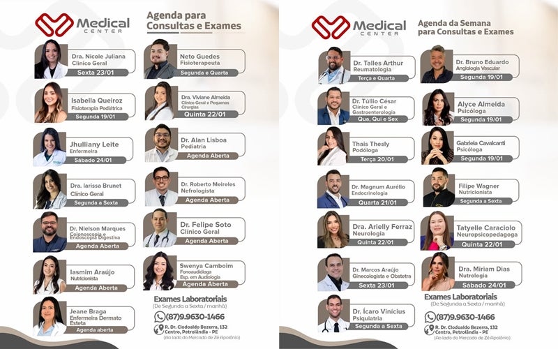 Medical Center divulga Agenda da Semana com consultas, exames e especialistas em Petrolândia