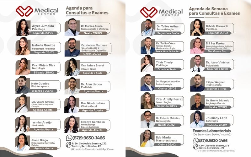 Medical Center divulga agenda completa da semana com mais de 30 especialistas em Petrolândia