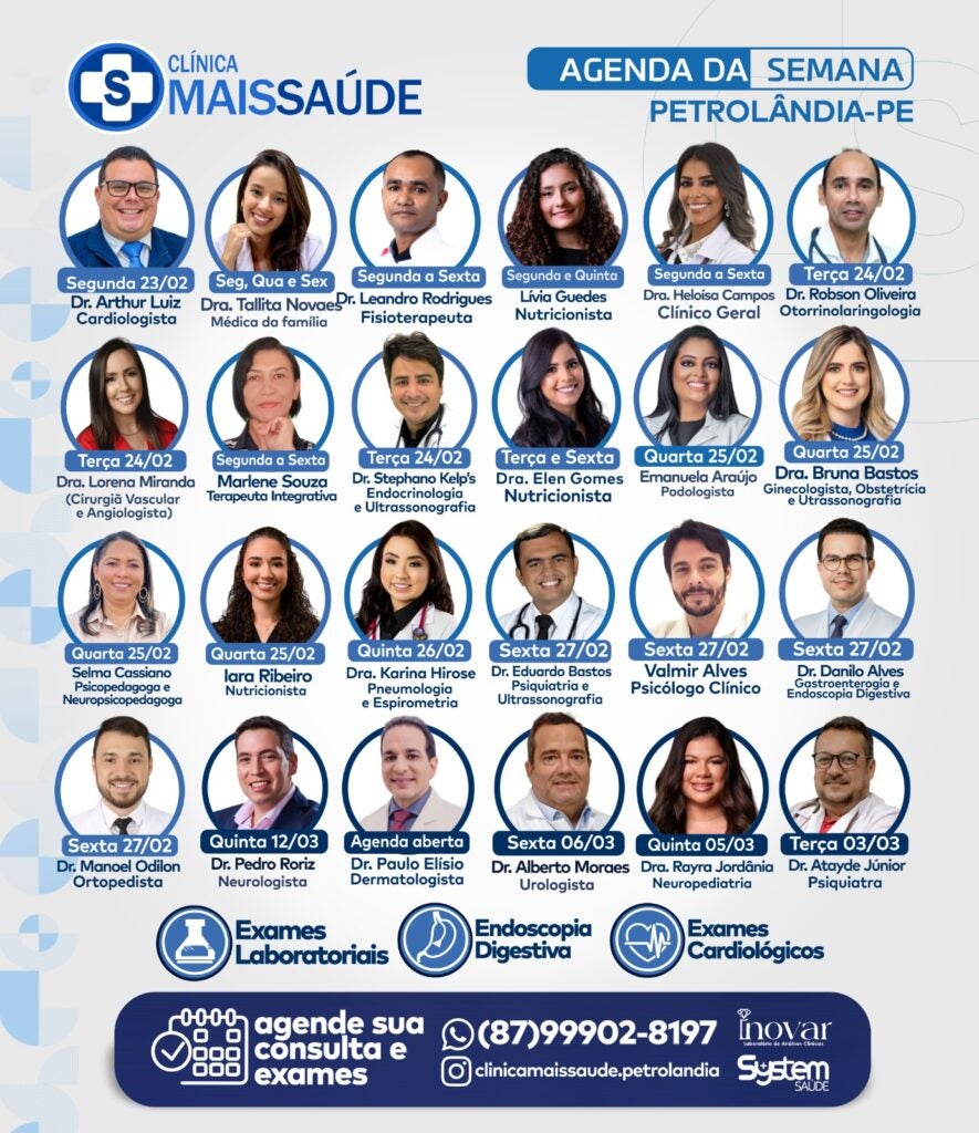 Clínica Mais Saúde divulga agenda semanal com atendimento de mais de 20 especialistas em Petrolândia