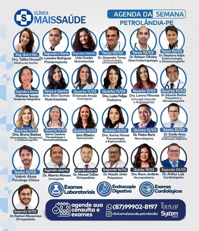 Clínica Mais Saúde divulga agenda da semana com ampla oferta de especialidades em Petrolândia