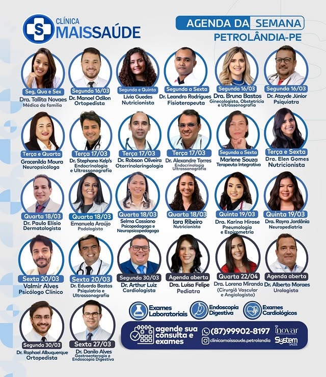 Clínica Mais Saúde divulga agenda da semana com diversas especialidades médicas em Petrolândia