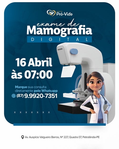 Clínica Pró-Vida anuncia realização de exame de mamografia digital no dia 16 de abril em Petrolândia
