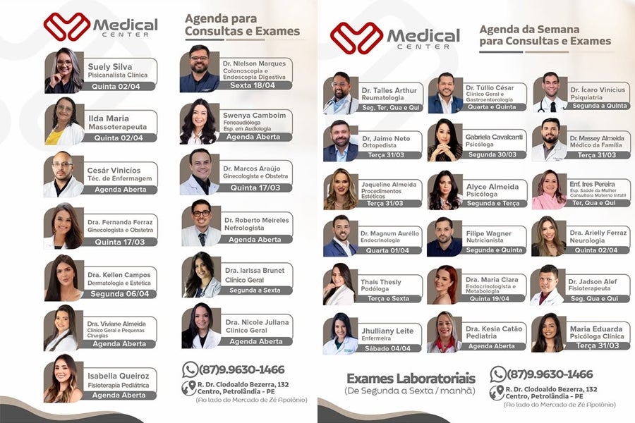 Clínica Medical Center divulga agenda semanal com consultas e exames em Petrolândia