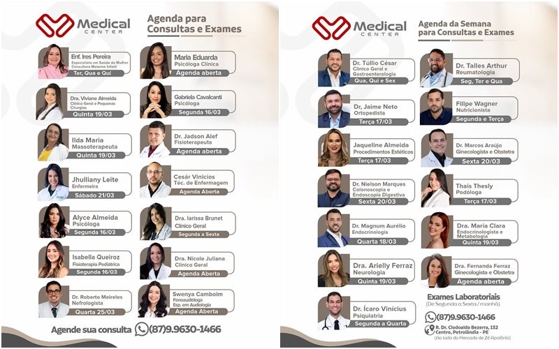 Clínica Medical Center divulga agenda semanal de consultas e exames em Petrolândia