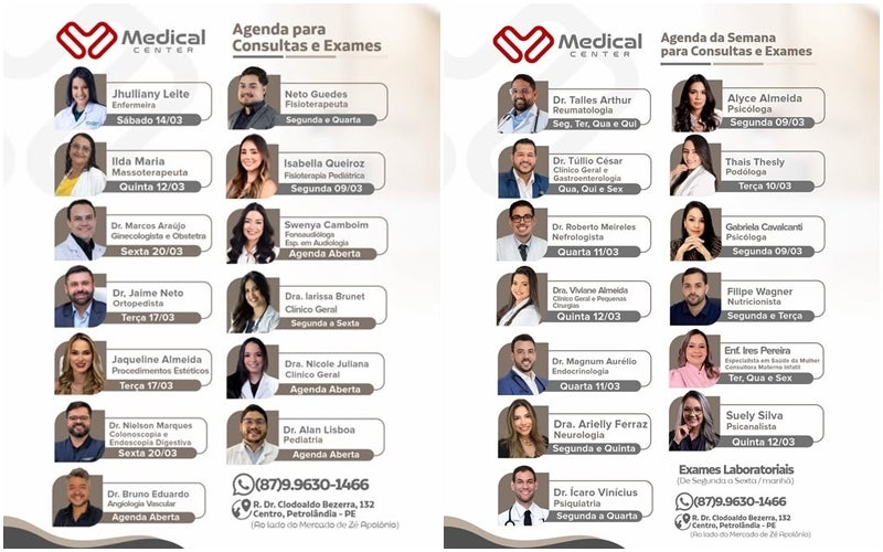 Clínica Medical Center divulga agenda semanal de consultas e exames em Petrolândia