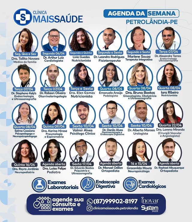 Clínica Mais Saúde divulga agenda semanal com equipe completa de especialistas em Petrolândia