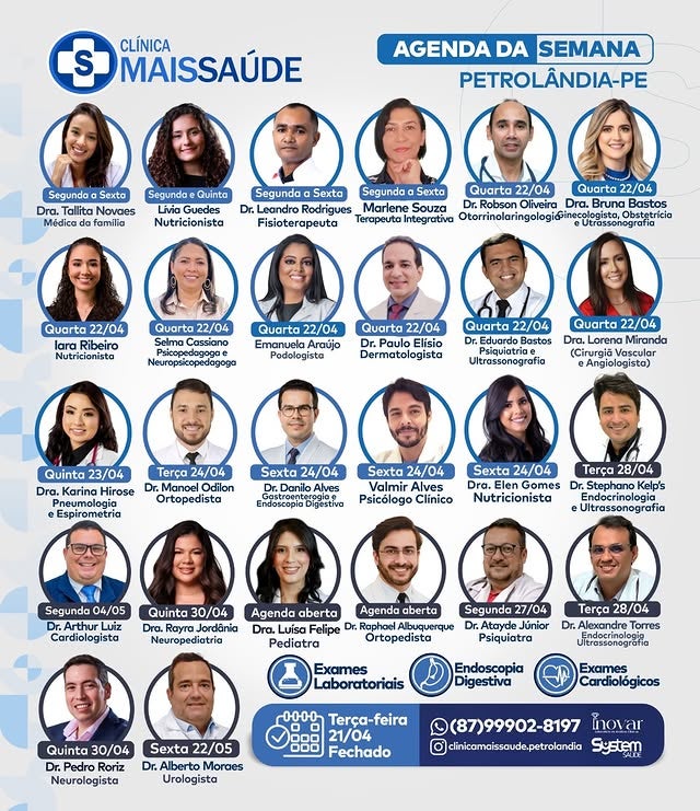 Mais Saúde divulga agenda semanal com atendimentos de diversas especialidades em Petrolândia
