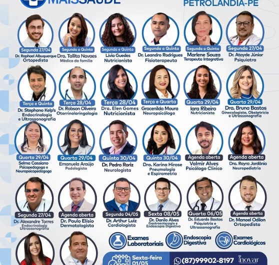 Clínica Mais Saúde divulga agenda semanal com nomes dos profissionais em Petrolândia