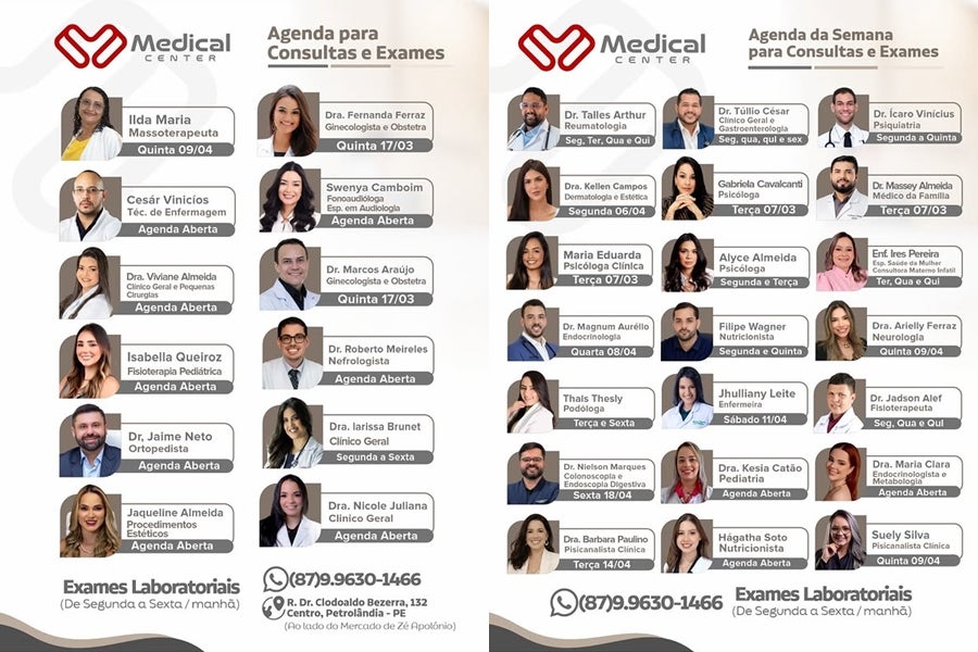 Medical Center divulga agenda completa com nomes de profissionais e especialidades em Petrolândia