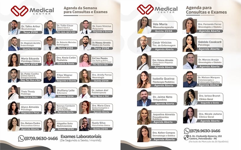 Medical Center divulga agenda semanal com especialistas e ampla oferta de atendimentos em Petrolândia