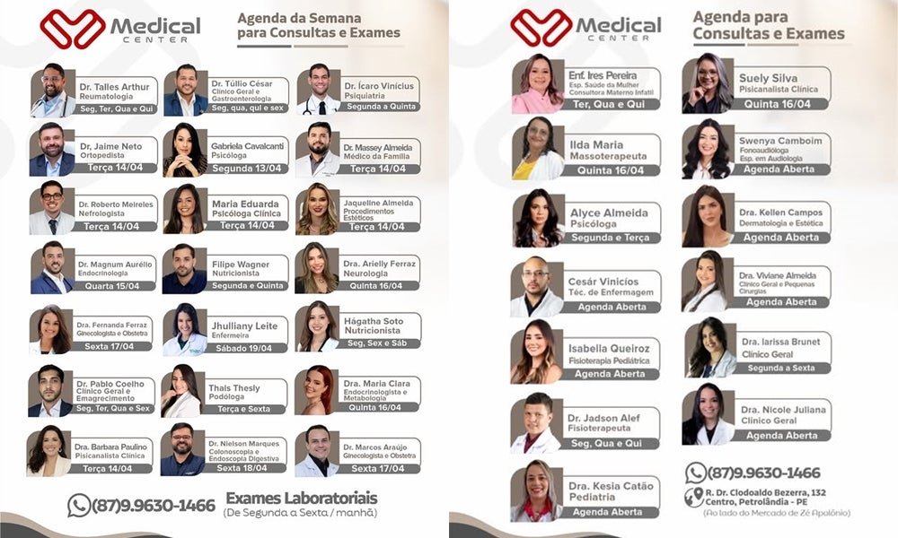 Clínica Medical Center divulga agenda semanal com especialistas e atendimentos completos em Petrolândia