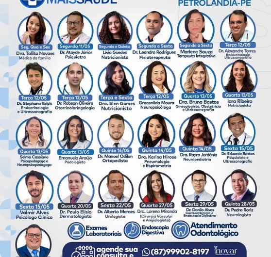 Clínica Mais Saúde divulga agenda semanal com diversos especialistas em Petrolândia-PE