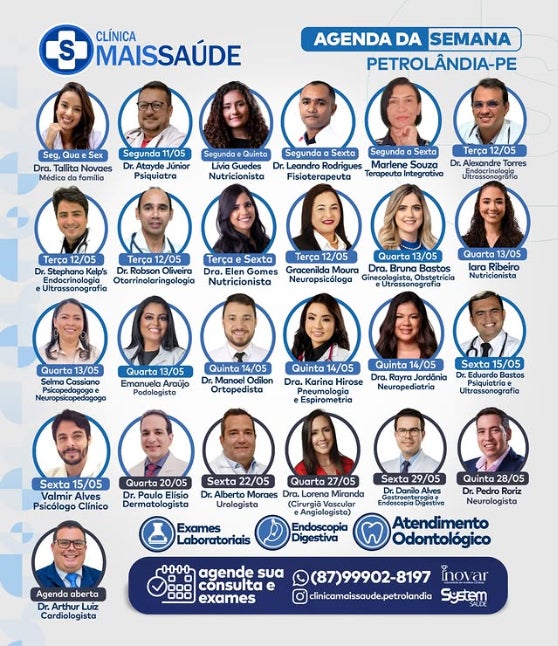 Clínica Mais Saúde divulga agenda semanal com diversos especialistas em Petrolândia-PE