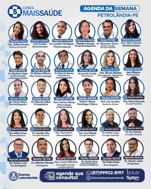 Clínica Mais Saúde divulga agenda semanal com especialistas em diversas áreas da saúde em Petrolândia
