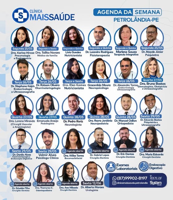 Clínica Mais Saúde divulga agenda semanal com especialistas e diversas áreas de atendimento em Petrolândia