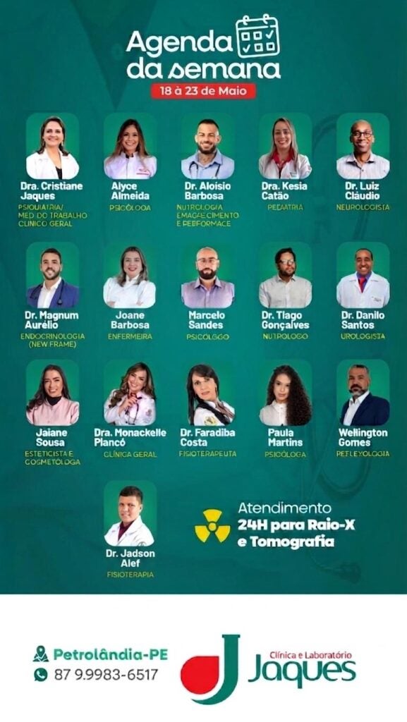 Clínica e Laboratório Jaques divulga agenda da semana com diversas especialidades em Petrolândia