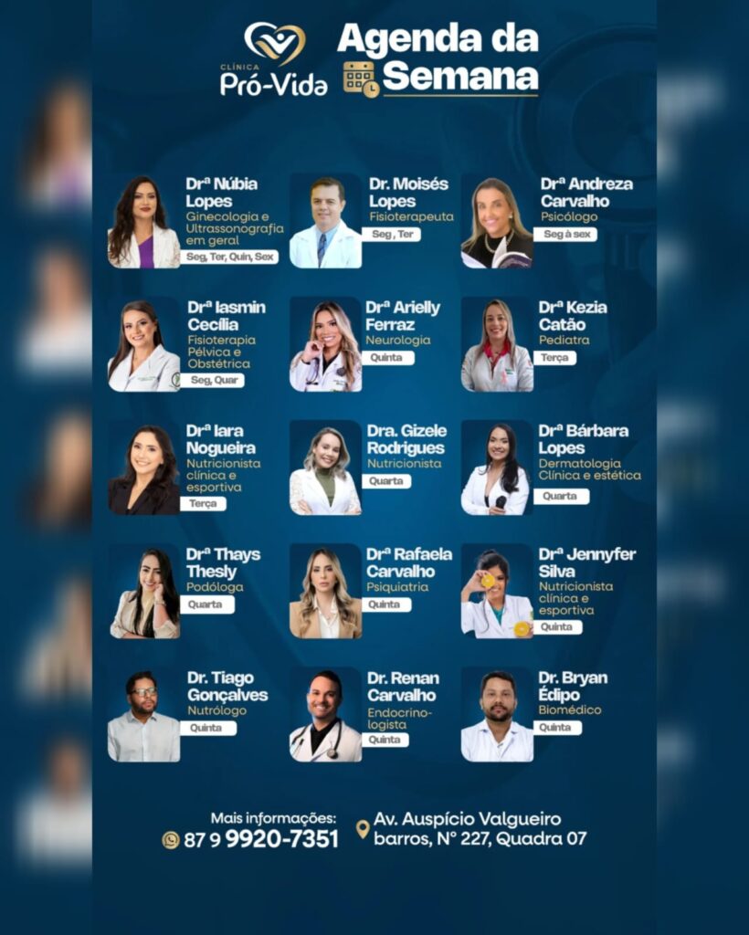 Clínica Pró-Vida divulga agenda semanal com especialistas em diversas áreas da saúde em Petrolândia