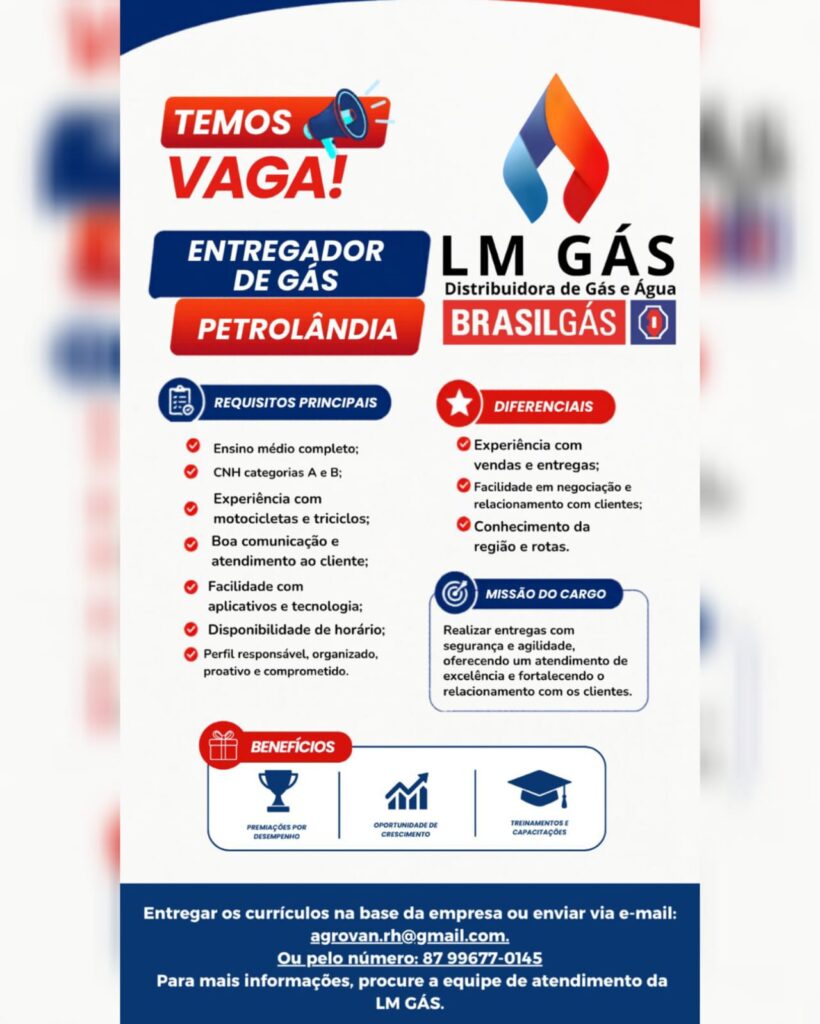 LM Gás abre vaga para entregador de gás em Petrolândia; confira os requisitos