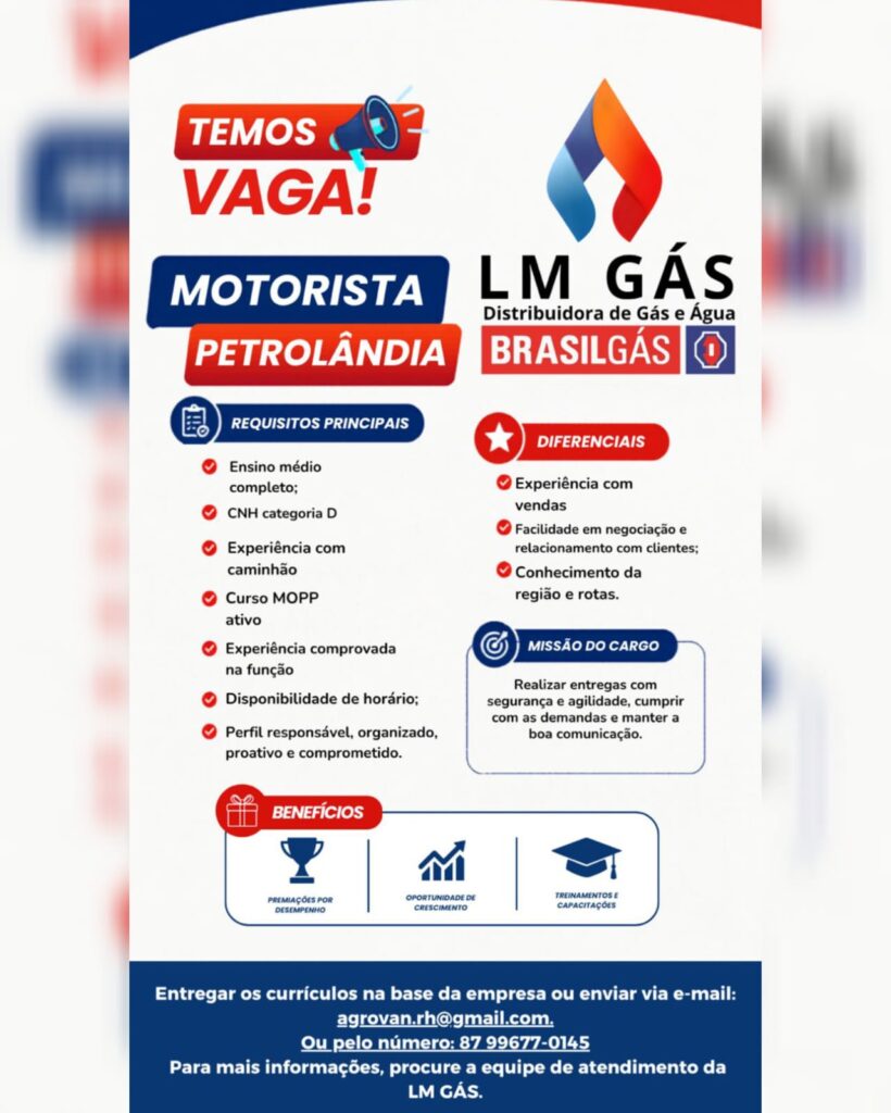 LM Gás abre vaga para motorista em Petrolândia; empresa busca profissional com experiência e CNH categoria D