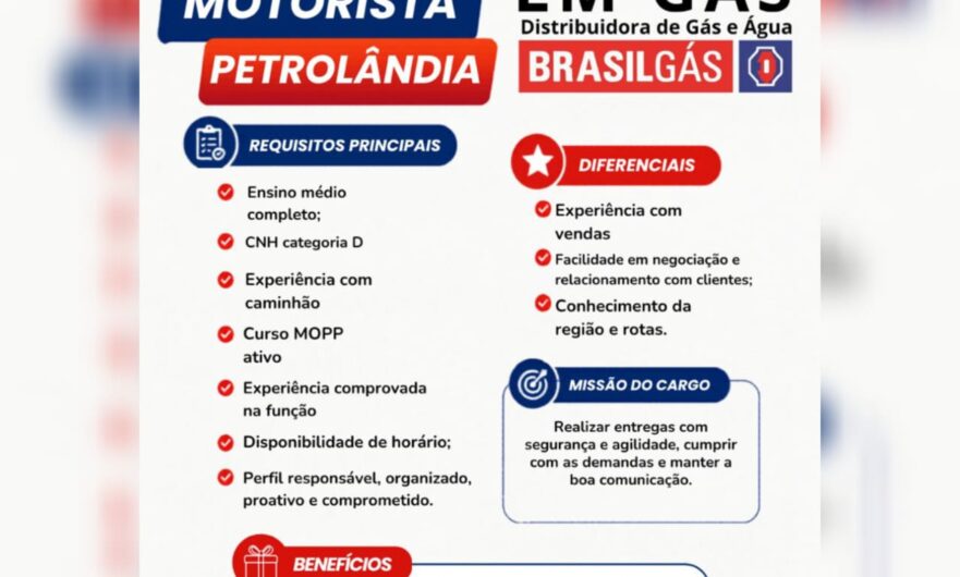 LM Gás abre vaga para motorista em Petrolândia; empresa busca profissional com experiência e CNH categoria D