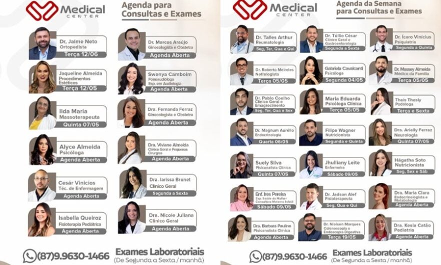 Medical Center divulga agenda semanal com especialistas e serviços de saúde em Petrolândia