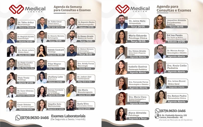 Clínica Medical Center divulga agenda semanal com especialistas e exames em Petrolândia