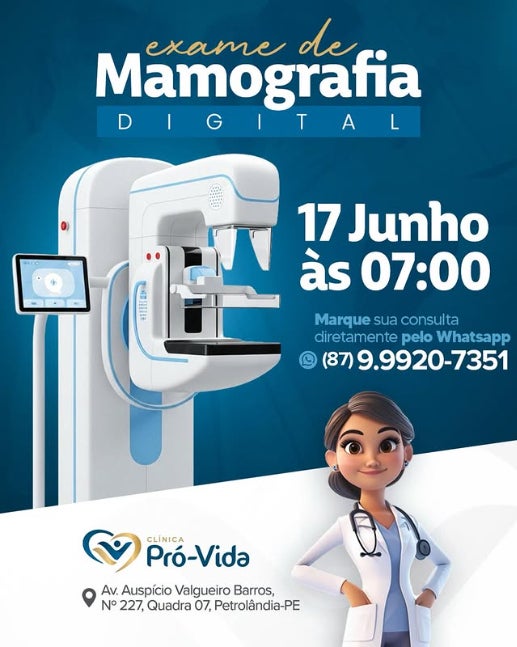 Clínica Pró-Vida realiza Mamografia Digital em Petrolândia no dia 17 de junho