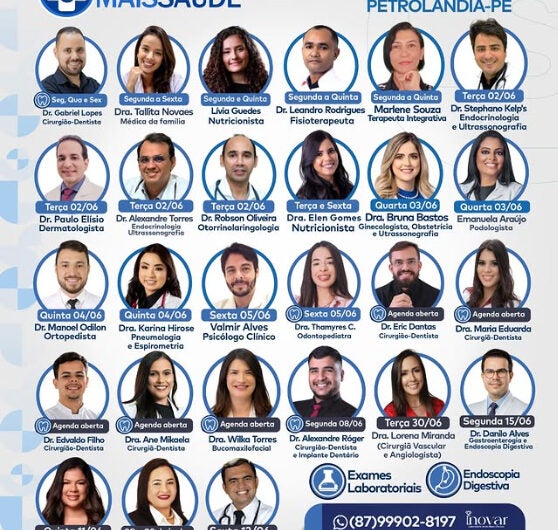 Clínica Mais Saúde divulga agenda semanal com especialistas em diversas áreas da saúde em Petrolândia