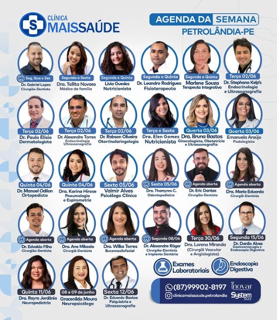 Clínica Mais Saúde divulga agenda semanal com especialistas em diversas áreas da saúde em Petrolândia