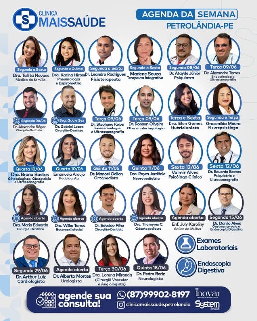 Clínica Mais Saúde divulga agenda semanal com especialistas em diversas áreas da saúde em Petrolândia